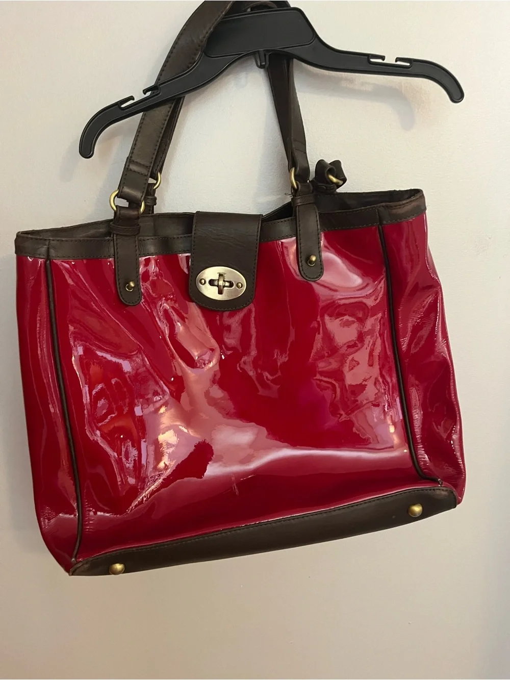 Boden Red Patent Satchel with Brown Trim and Handles.